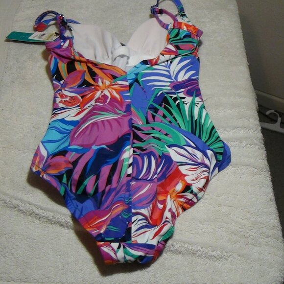 Aqua Green Women's UPF 50 Shirred V-Neck One Piece Swimsuit Floral S M L XL - Picture 1 of 14